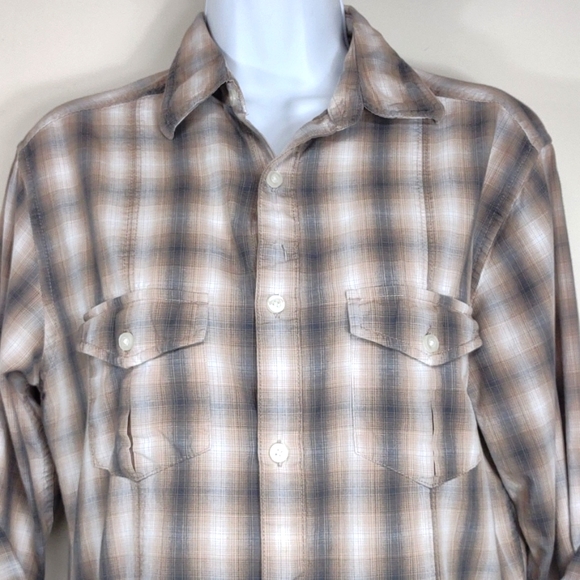 J. Ferrar Small Modern fit button down Tan Gray & white plaid long sleeved Top - Picture 3 of 9